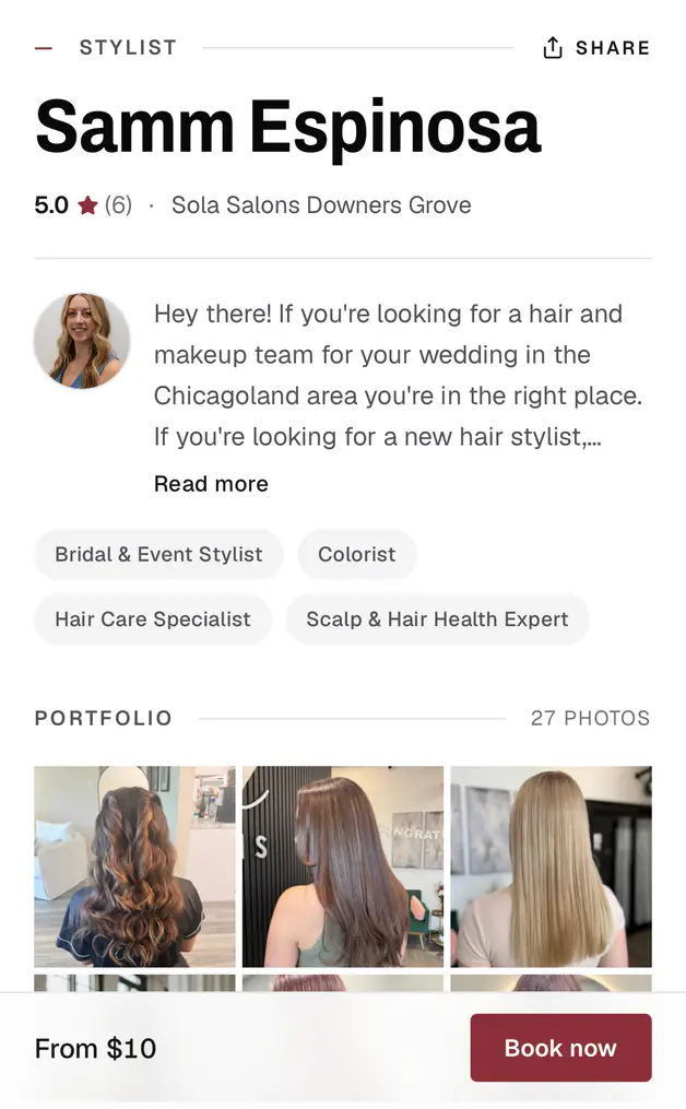 A stylist’s Glamer page on a phone — their name, their reviews, their work, and a Book now button